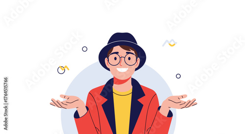Smiling person with glasses and hat, open hands.