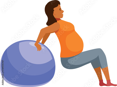 Pregnant woman practicing sport with fitness ball, doing exercises for back and legs during pregnancy
