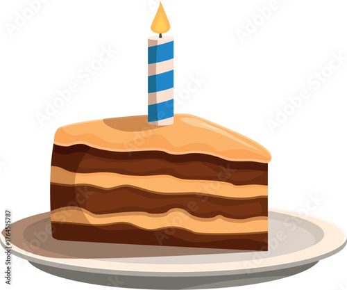 Single slice of layered birthday cake with frosting and lit candle on white plate