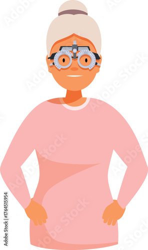 Senior woman taking an eye exam using a phoropter, checking visual acuity