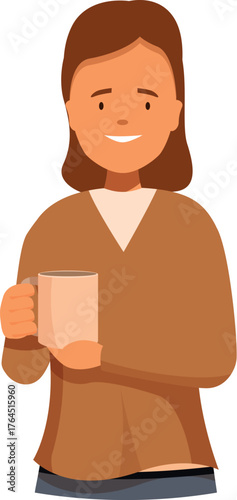 Smiling woman holding a mug and enjoying a hot beverage