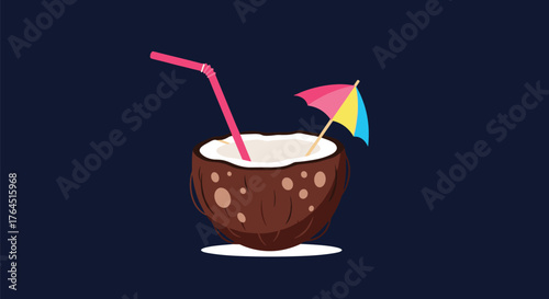 Refreshing coconut drink with straw and umbrella for tropical vacation.