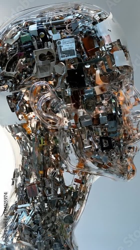 Futuristic Transparent Humanoid Robot Head with Visible Internal Circuitry, Artificial Intelligence Concept