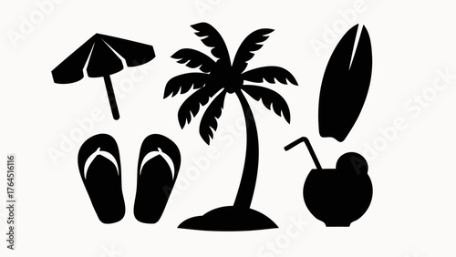 Silhouette of beach vacation elements including palm tree, drink, surfboard, umbrella and flip flops