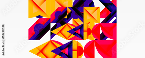 Abstract geometric composition. Vivid colors overlap, creating dynamic shapes. Bold contrasts define visual interest, modern aesthetic.