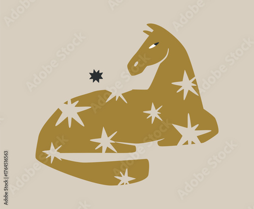 Golden sitting male horse ornate with stars. Modern folk art or naive style
