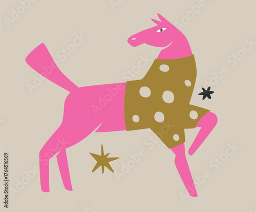 Pink horse in a gold polka dot sweater stamping its hoof. Playful abstract animal illustration