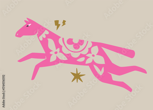 Pink mare decorated with flower ornaments. Modern folk art. Vector illustration