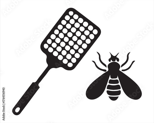 Black silhouette of a fly swatter and a fly on a white background
