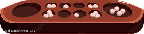 Congkak board game displaying marbles placed in their designated holes, ready for gameplay