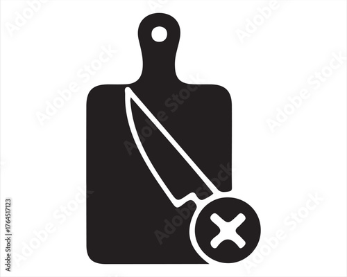 Black silhouette of a cutting board and knife with a prohibition symbol