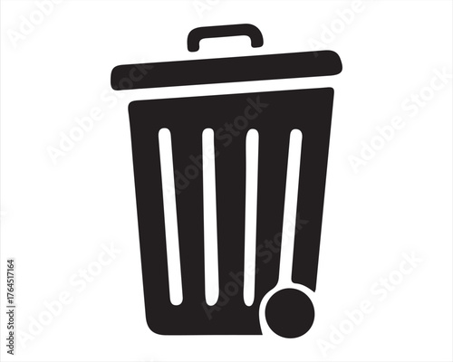 Black silhouette of a trash can with a lid and wheel