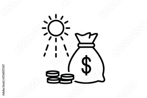 Sun shining on money bag and coins symbolizing financial growth and wealth accumulation isolated on white background