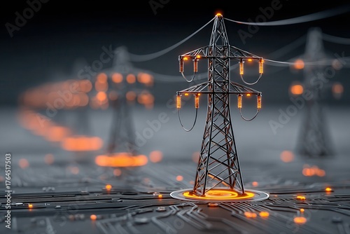 Connected power towers on glowing circuit grid