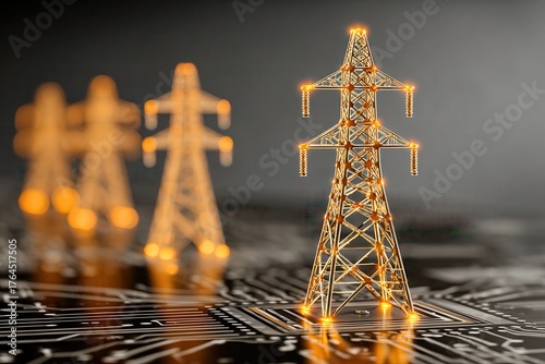 Futuristic glowing power towers on circuit board
