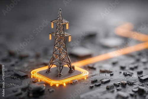 Single glowing power tower on electronic circuit
