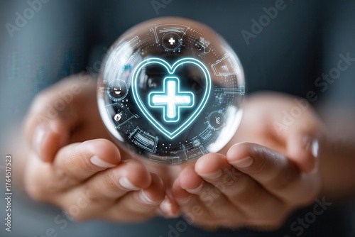 Hands holding holographic medical heart sphere with glowing blue cross