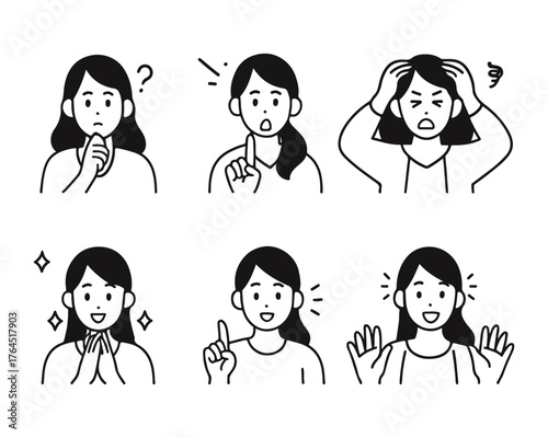 Facial expression icon illustration set of a young woman in a suit