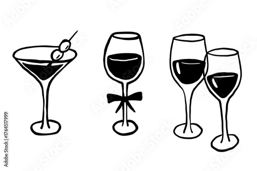 Wine glass with whimsical coquette bow, minimalist drawings set. Mediterranean restaurant menu. Drink doodle, cocktail illustration