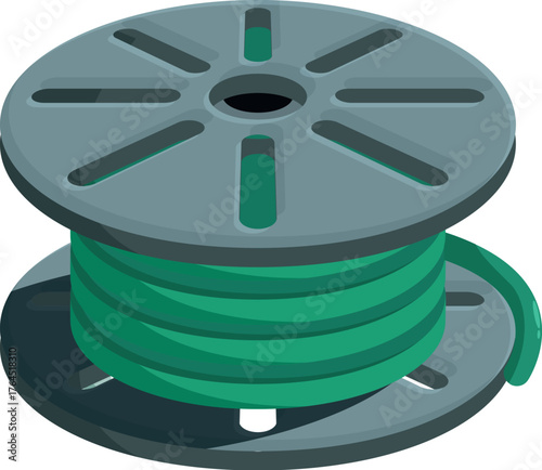Green electrical cable rolled up on a gray spool, ready for use in various electrical works