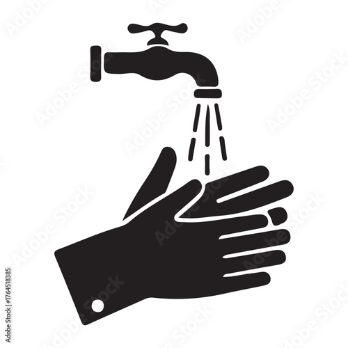 Black silhouette icon of hands being washed under a running faucet