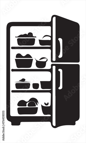 Open refrigerator full of food containers and produce