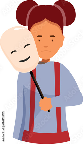 Sad girl holding a happy mask, hiding her real emotions, expressing the concept of fake happiness