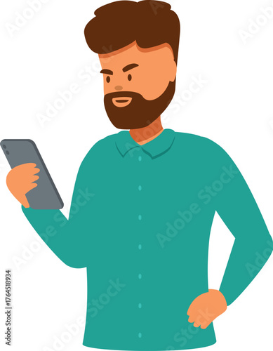 Young man with beard holding smartphone, browsing internet or using mobile app