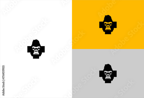 Gorilla face with cross, split panel of white, yellow, and gray