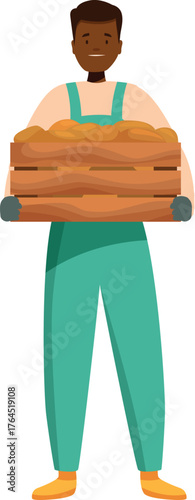 Smiling farmer carrying a wooden crate full of potatoes, local farming and agriculture concept