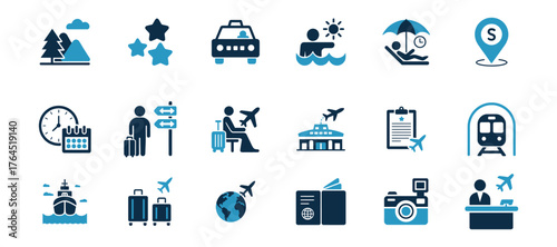 Travel and tourism icon set exploring transportation accommodation and destination symbols isolated on white background