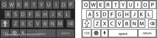 Modern phone keyboard flat and outline icon set of smartphone. Typing interface button, mobile keypad layout designs digital qwerty input communication, messages and technology vectors illustration.