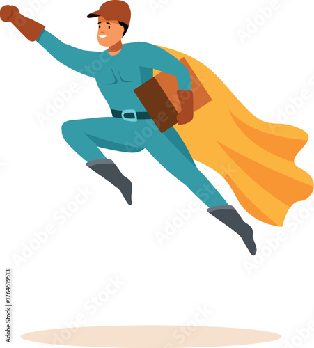 Courier wearing superhero costume and holding package flying fast, depicting express delivery service concept