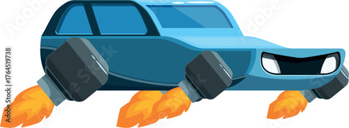 Futuristic flying car moving with jet engines, innovation in transportation