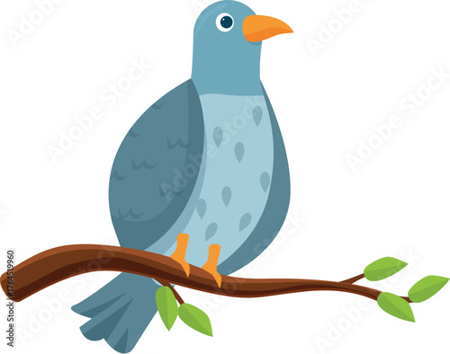 Cartoon pigeon perched on a branch with green leaves, embodying tranquility and peace