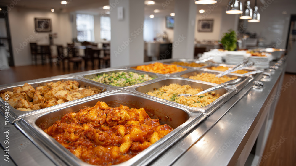 Fototapeta premium Buffet with various hot dishes in a restaurant setting.