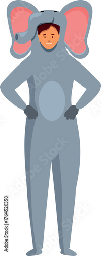 Promoter wearing funny elephant costume standing with hands on hips during a promotional event