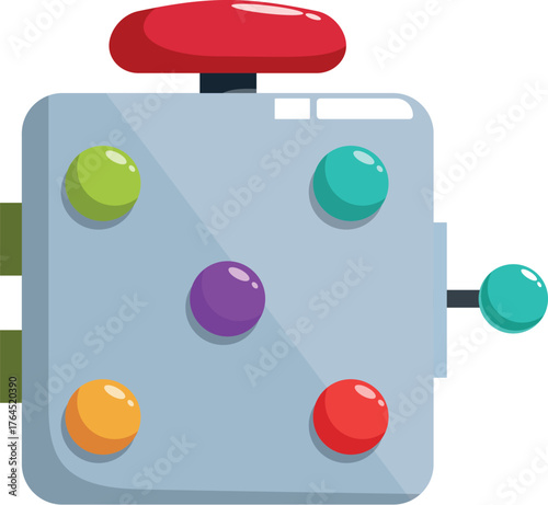 Colorful retro arcade game console with a big red button, joystick, and multiple colorful buttons is waiting for a player