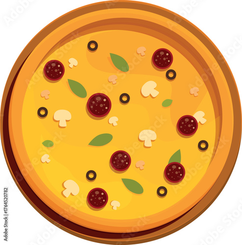 Tasty pizza with salami, mushrooms, olives and basil leaves on a wooden board