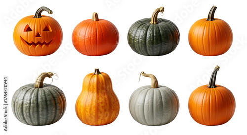 Various pumpkins and gourds including a carved jack-o-lantern isolated on black background, perfect for Halloween and autumn decorations