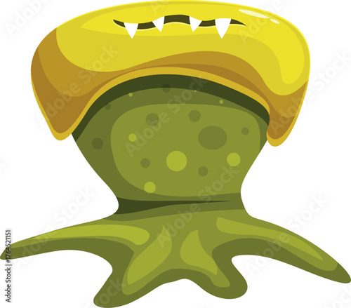 Cartoon illustration of a funny green monster with yellow head, showing teeth