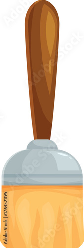 Cartoon paint brush with wooden handle and orange bristles, a painting tool for creative projects and diy