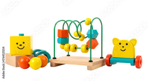 BABY TOYS - Colorful wooden baby toys including bead maze, stackable blocks with smiley faces, and a pull-along bear on wheels, perfect for early childhood development