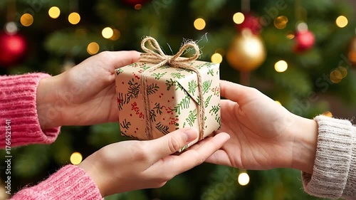 Hands giving a gift during Christmas celebration. Present wrapped in craft paper with festive pattern. Bokeh background