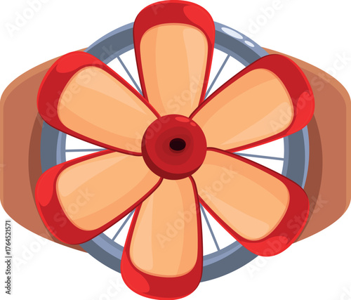Red and beige six blade propeller spinning and generating wind power for a vintage airplane