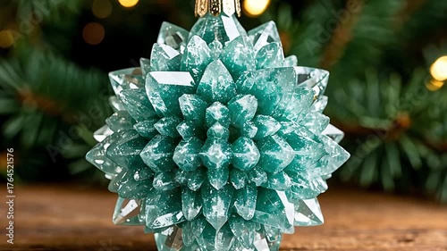 Teal crystal ornament with a spiky, geometric shape, shimmering on a rustic wooden surface against blurred Christmas tree lights
