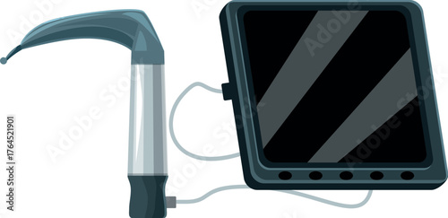 Video laryngoscope device with its handle connected to a screen showing nothing on a white background