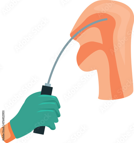 Gloved hand maneuvering a flexible endoscope, exploring nasal passages for diagnosis or treatment