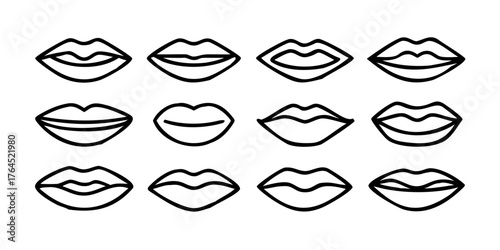 Icons of female lips. Collection of sixteen modern linear icons isolated on a white background. Vector illustration