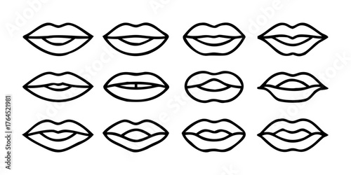 Icons of female lips. Collection of sixteen modern linear icons isolated on a white background. Vector illustration